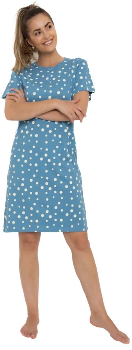 Cocodream dames nachthemd korte mouw - 100% katoen - maat L - Flower dots - jeans