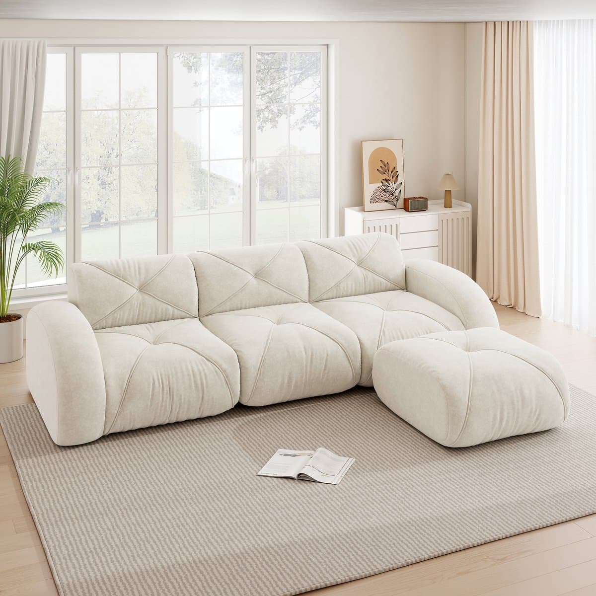 HAUSS SPOLE Hoekbank - Modulaire Bank Met Hocker - Frameloos Comfort Voor Woonkamer En Lounge - Chenille Wit