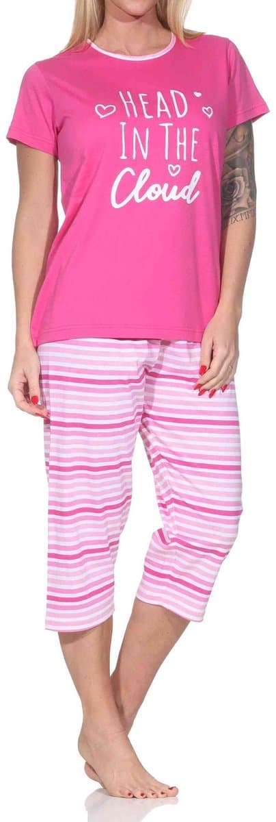 Normann dames pyjama met korte mouwen en gestreepte capri pyjamabroek