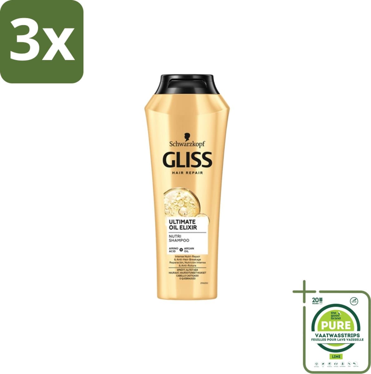 3 x Gliss Kur – Shampoo – Ultimate Oil Elixir – 250 ml - Grootverpakking - Droog Haar - Beschadigd Haar - Voedend Shampoo - Herstel Shampoo - Keratine Shampoo