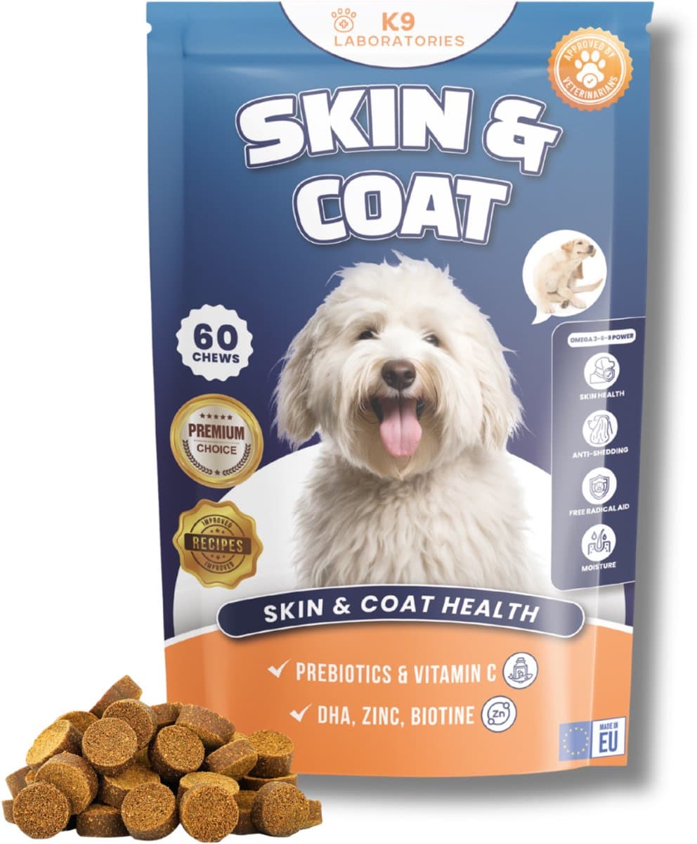 Huid & vacht Hond - Omega 3-6-9 - 60 stuks - Kauwsnack - Voor gezonde huid - Glanzende vacht - Tegen haarverlies - Kale plekken - bij honden