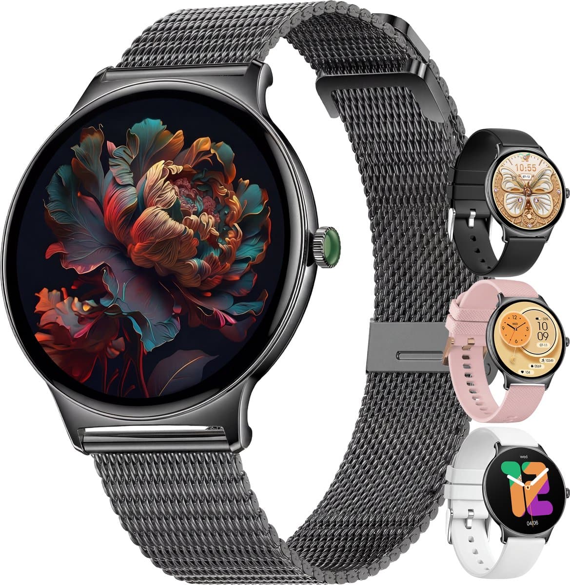Golden Sound AMOLED Smartwatch Dames - Horloge dames - Stappenteller - Slaapmonitor - Saturatiemeter - 42mm - 4 bandjes - Zwart