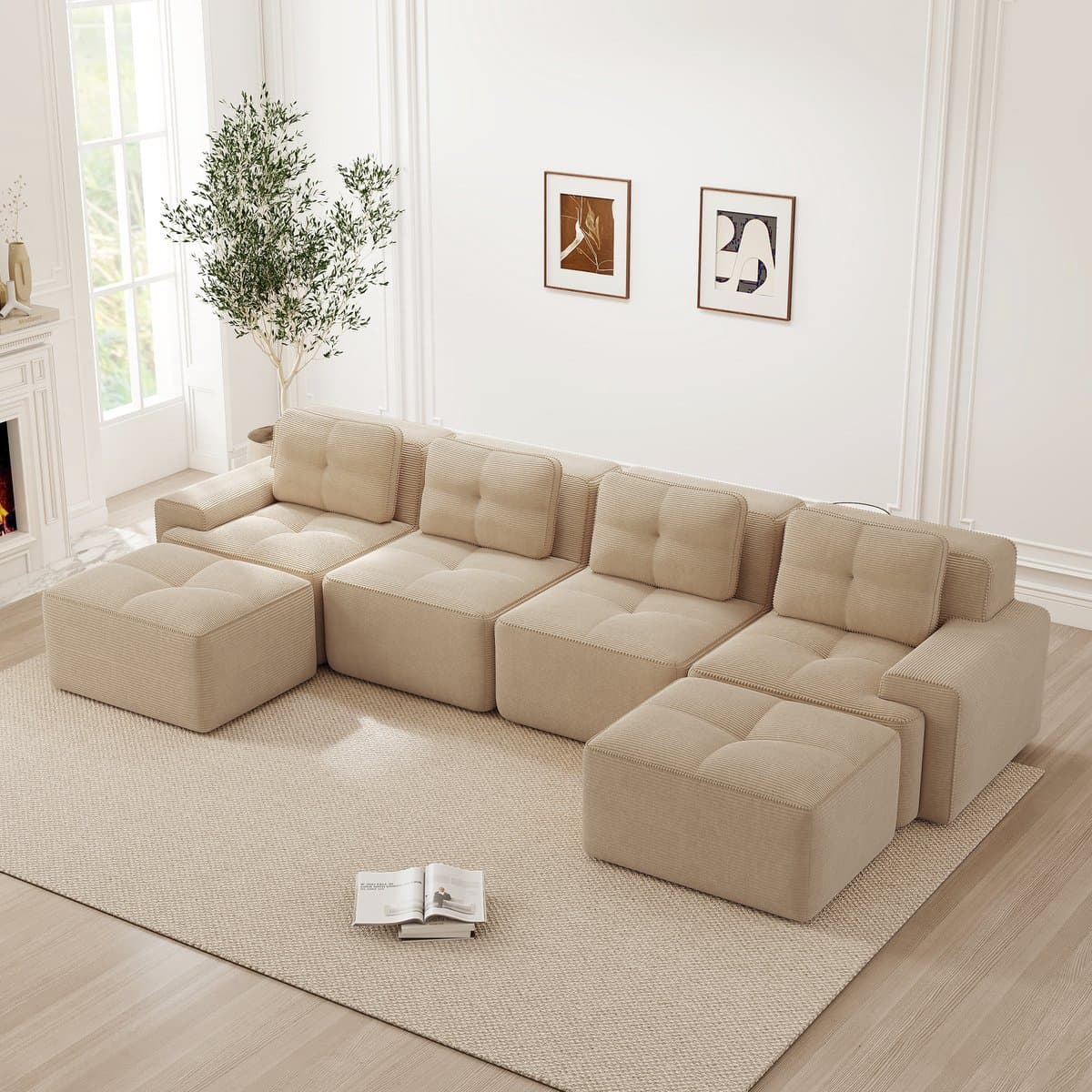 OKWISH Modulaire Bank 4 Zits Met U Vormige Chaise Longue - Diepe Zit 74 Cm Wolkencomfort - Antislip - Corduroy - Beige