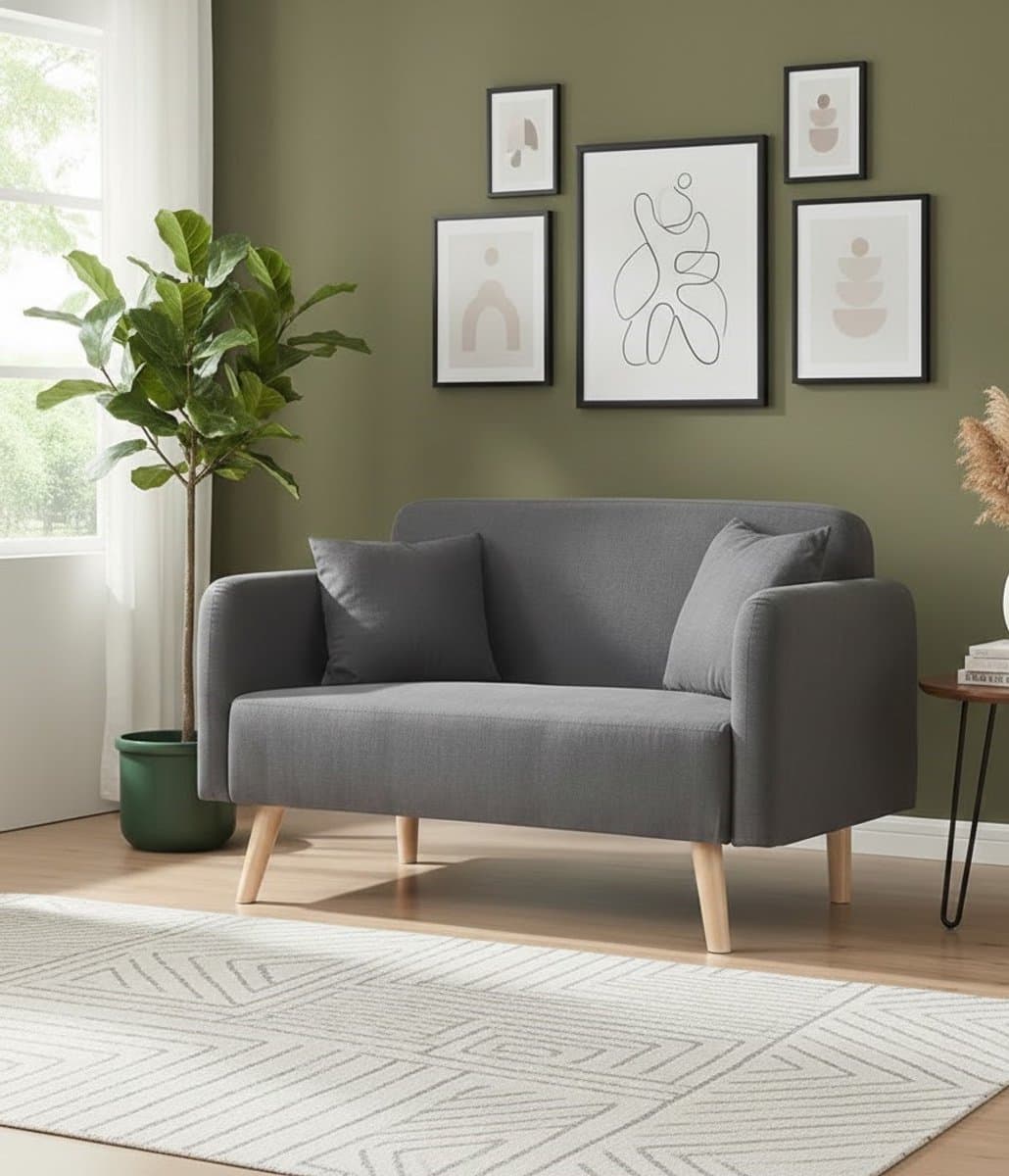Elegance 2-Zitsbank – Moderne Gestoffeerde Sofa met Rugleuning en Armleuningen – Comfortabele Bank voor Woonkamer – Inclusief 2 Kussens – Grijs – Houten Poten House&Garden