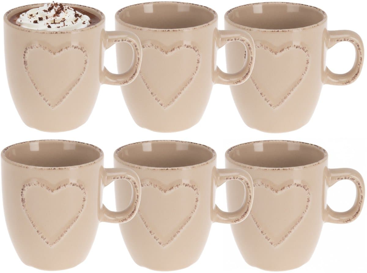 Siaki Koffiemokken set Heart - 10x - beige - 150 ml - mokken - met tekst - keramiek - giftset