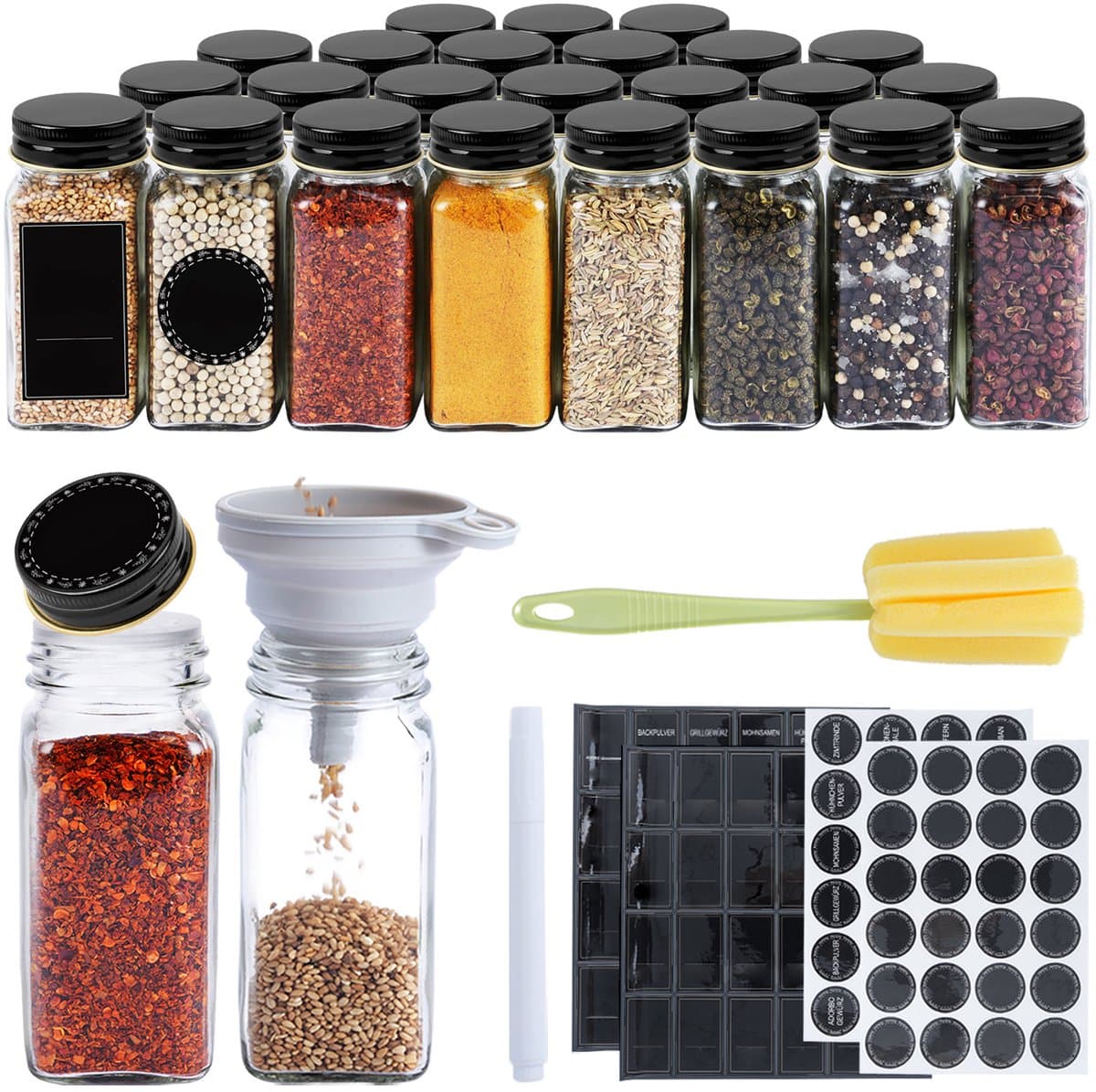 ACXIN Kruidenpotjes Set Kruidenpotjes Glas Vierkant 120ML Luchtdicht Met Etiketten Strooideksel Trechter Reinigingsborstel Keuken Organisatie - 24 Stuks - Aluminium Zwart Deksel