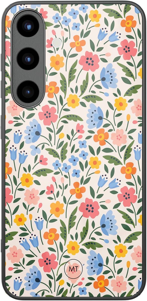 Hoesje geschikt voor Samsung Galaxy S25 - Romantische bloemen - Hard Case Zwart Back Cover - Bloemen - Multi - Mooie Telefoonhoesjes