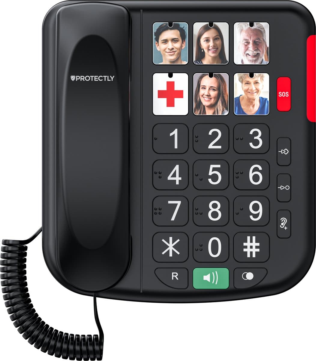 Protectly® Senioren Telefoon - SOS-Noodknop - Senioren Mobiele Telefoon - Vaste Telefoon - Grote (Foto) Toetsen en Cijfers - Luid Volume - Nederlandstalige - Plug & Play