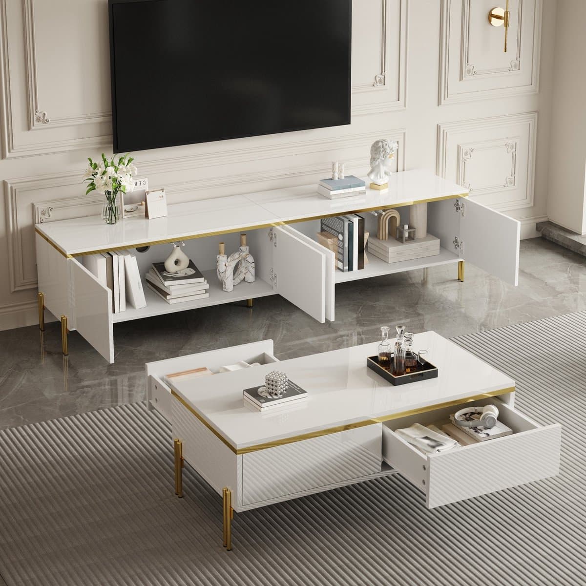 OKWISH Tv Meubel En Salontafel Set - Hoogglans Met Gouden Accenten - Opbergruimte Voor Woonkamer - Spaanplaat Wit - 170x38x50