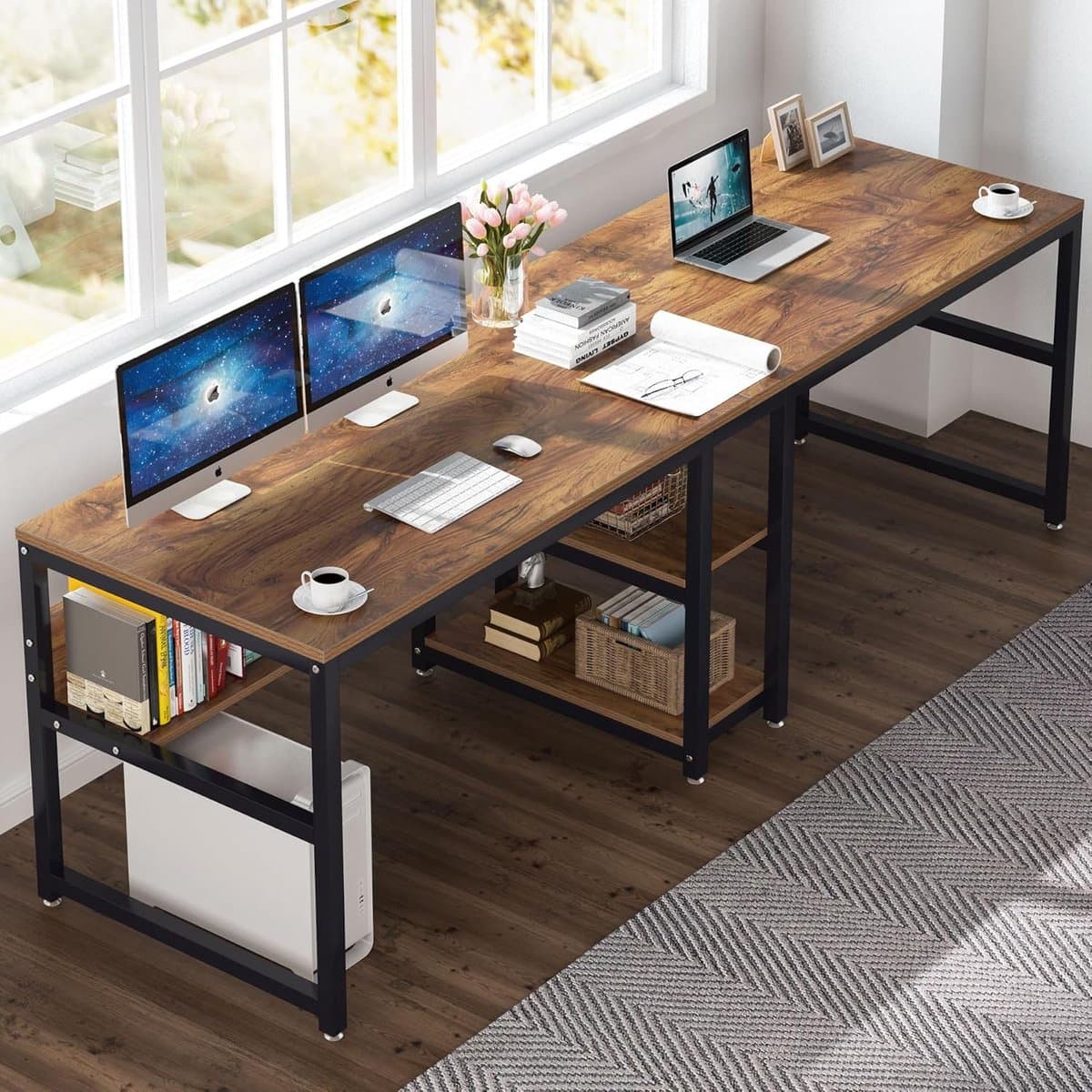 Dubbel Bureau 200x60x75 cm voor 2 Personen – Extra Lang Industrieel Computerbureau met Opbergrek en Boekenkast – Vintage Bruin Zwart – Thuiskantoor Werktafel – Laura