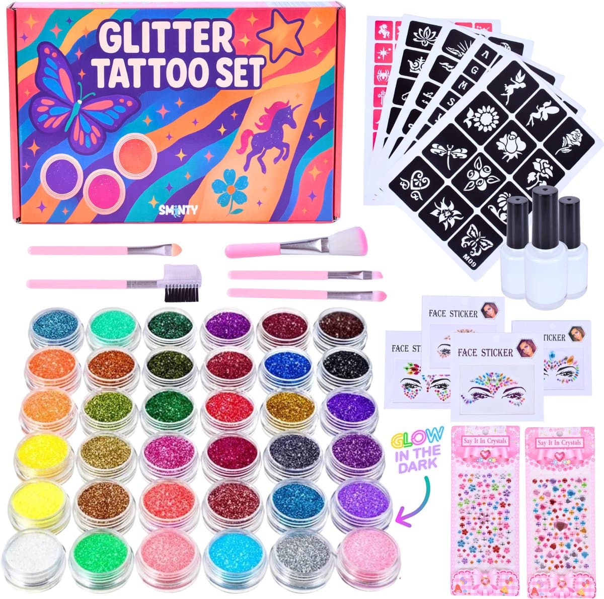 Sminty® Glitter Tattoo Set – Glow in the Dark – 36 Kleuren – Sjablonen & Penselen – Diamanten stickers – Voor Kinderen – Waterdicht & Huidvriendelijk