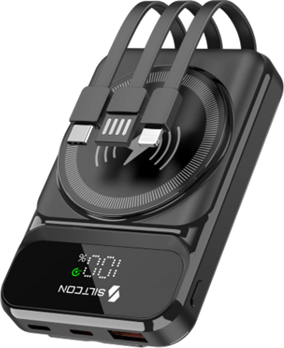 Siltcon® Draadloze Powerbank 10000 mAh - Geschikt voor Magsafe 15W - 22.5W Snelladen - LED-Display - USB-C - 3 Geïntegreerde Kabels - Compact - Zwart