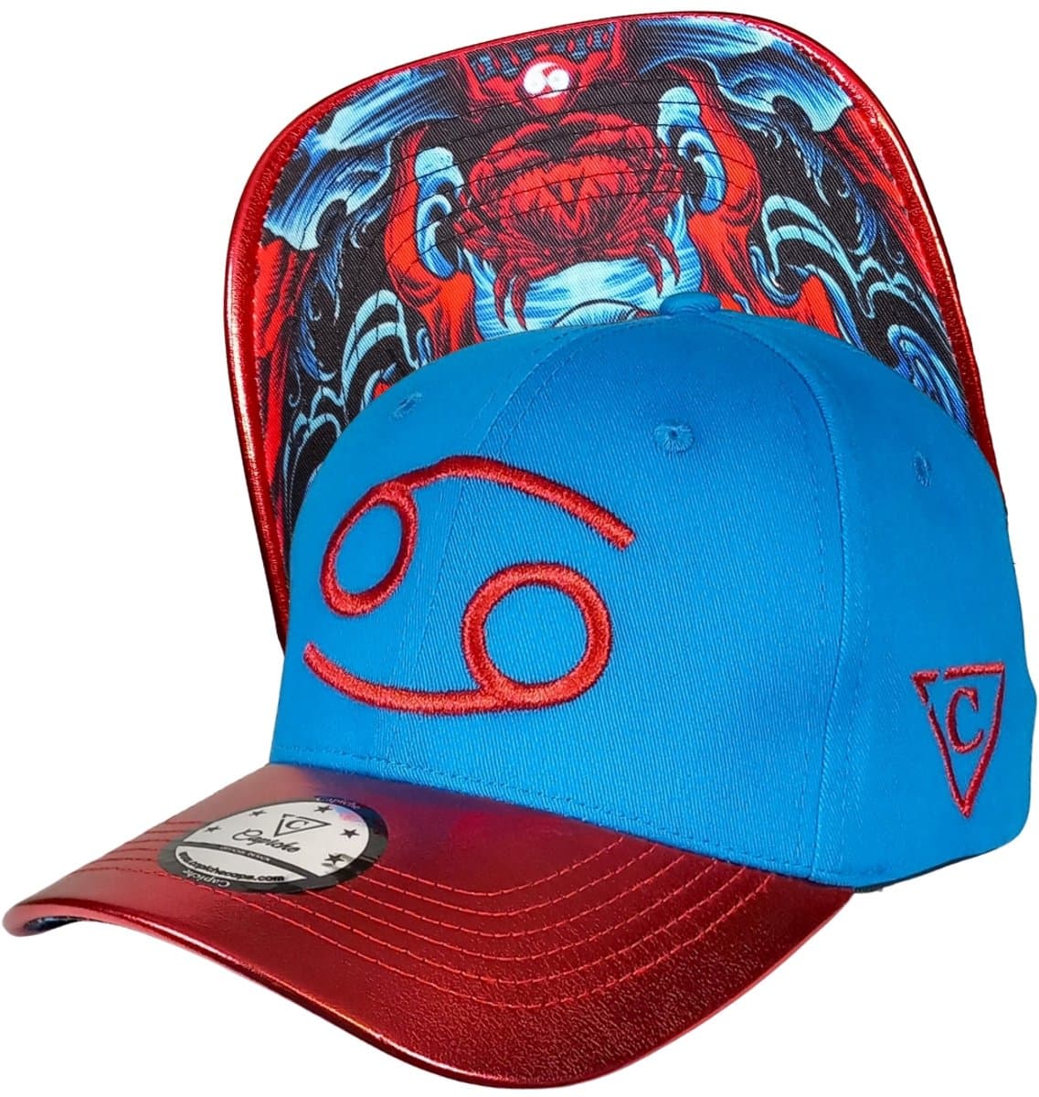 Capiche® Gebogen Pet – Sterrenbeeld Krab – Blauw & Rood Metallic – Verstelbaar met Druksluiting – Pet Mannen – Curved Pet – Zodiac Horoscoop Pet – Cancer