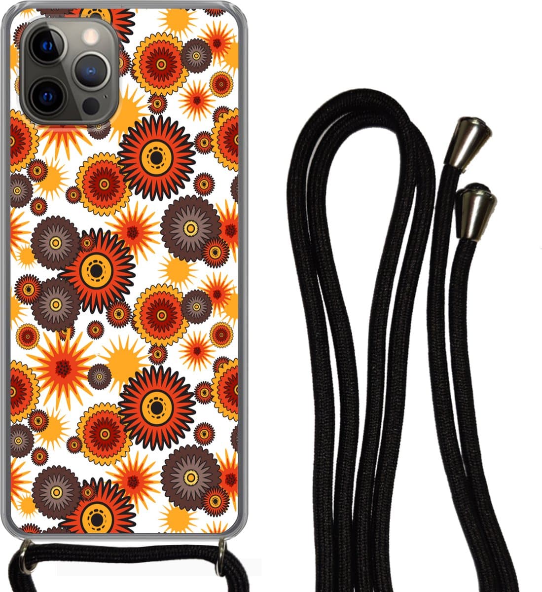 Telefoonhoesje Geschikt voor iPhone 13 Pro - Design - Retro - Oranje - Bloemen - Siliconen - Crossbody - Backcover met Koord - Telefoonhoesje met koord - Hoesje met touw Telefoonhoesje