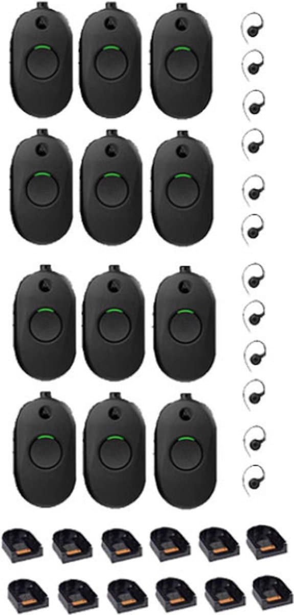 Set van 12 Motorola CLP446E Mini Portofoons met oortje en tafelladers