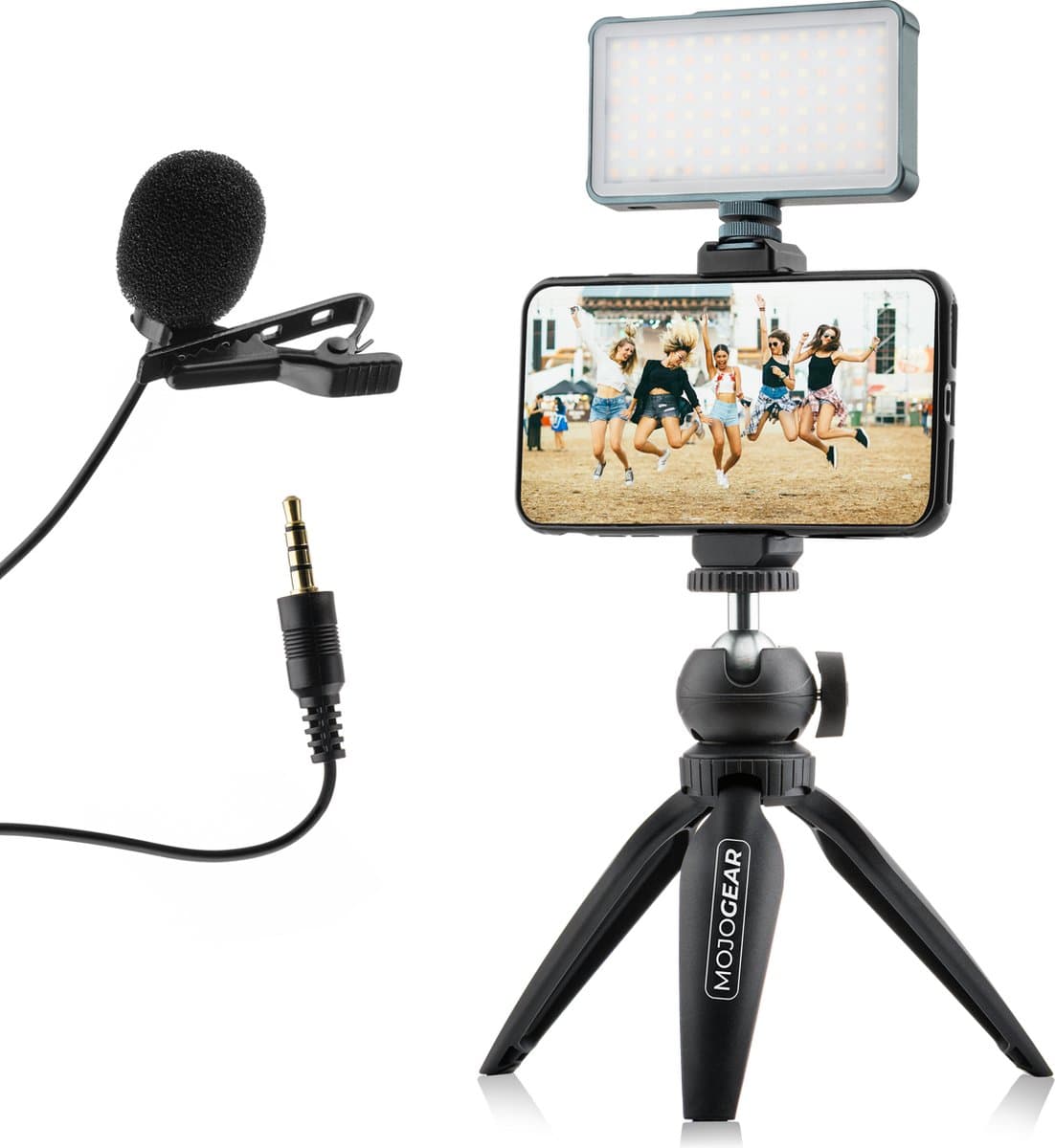 MOJOGEAR Video KIT / vlog set - Mini-statief + telefoonhouder + microfoon + videolamp - Tot 20 cm hoog - Telefoon tripod - Horizontaal en verticaal filmen - Zwart