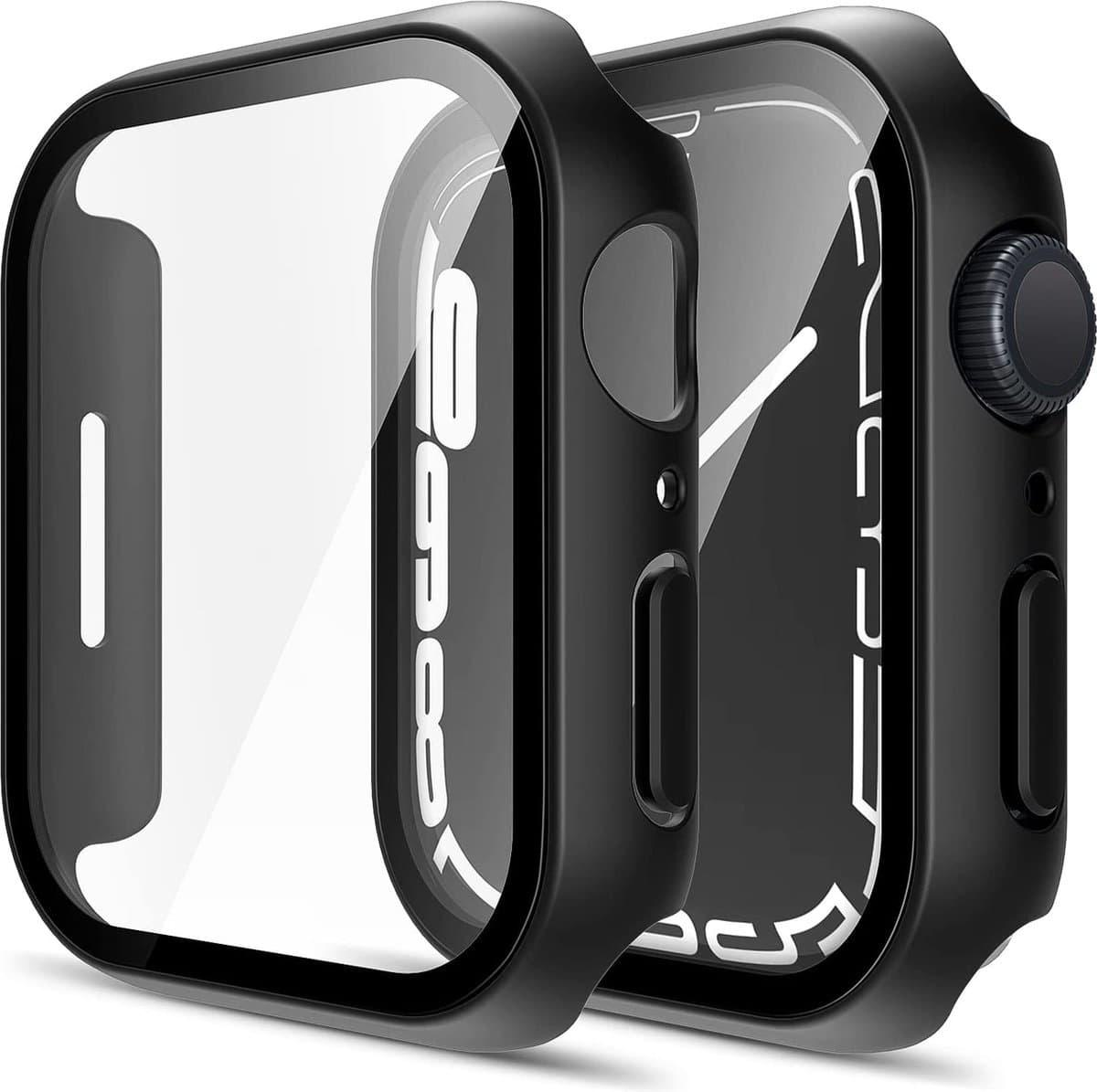 Hoesje voor Watch 45mm Serie 7 Serie 8 Serie 9 - Harde beschermhoes swart scherm gehard glas
