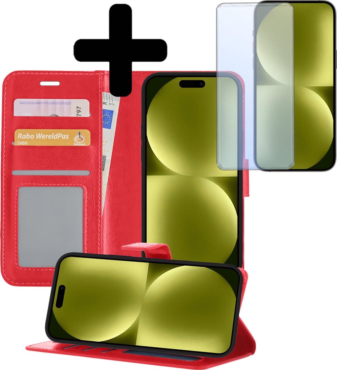Hoesje - Met Screenprotector - Geschikt voor Apple iPhone 15 Plus - Luxe Pasjeshouder - Bookcase Portemonee - Flip Case - Kunstleer Book Case - Flipcase - Book Cover - Walletcase - Portemonneehoes - Telefoonhoesjes - Rood