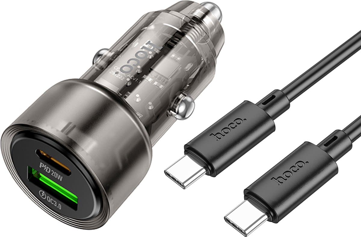 Hoco Autolader Geschikt voor Samsung Galaxy A15 - Type C Kabel (1 Meter) & Auto Stekker (Z52) - USB C Snel Lader 38W - PD20W + QC3.0 - Zwart - Ook geschikt voor A25/A35/A55/A14/A34/A54/A13/S23/S24/FE/Plus/Ultra