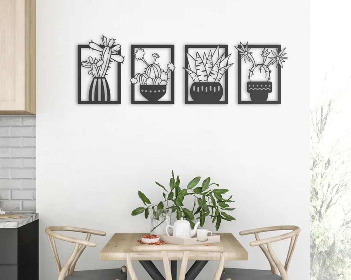 Metalen Wanddecoratie Cactus – 3D Wandkunst – Zwart – 42 x 38 cm
