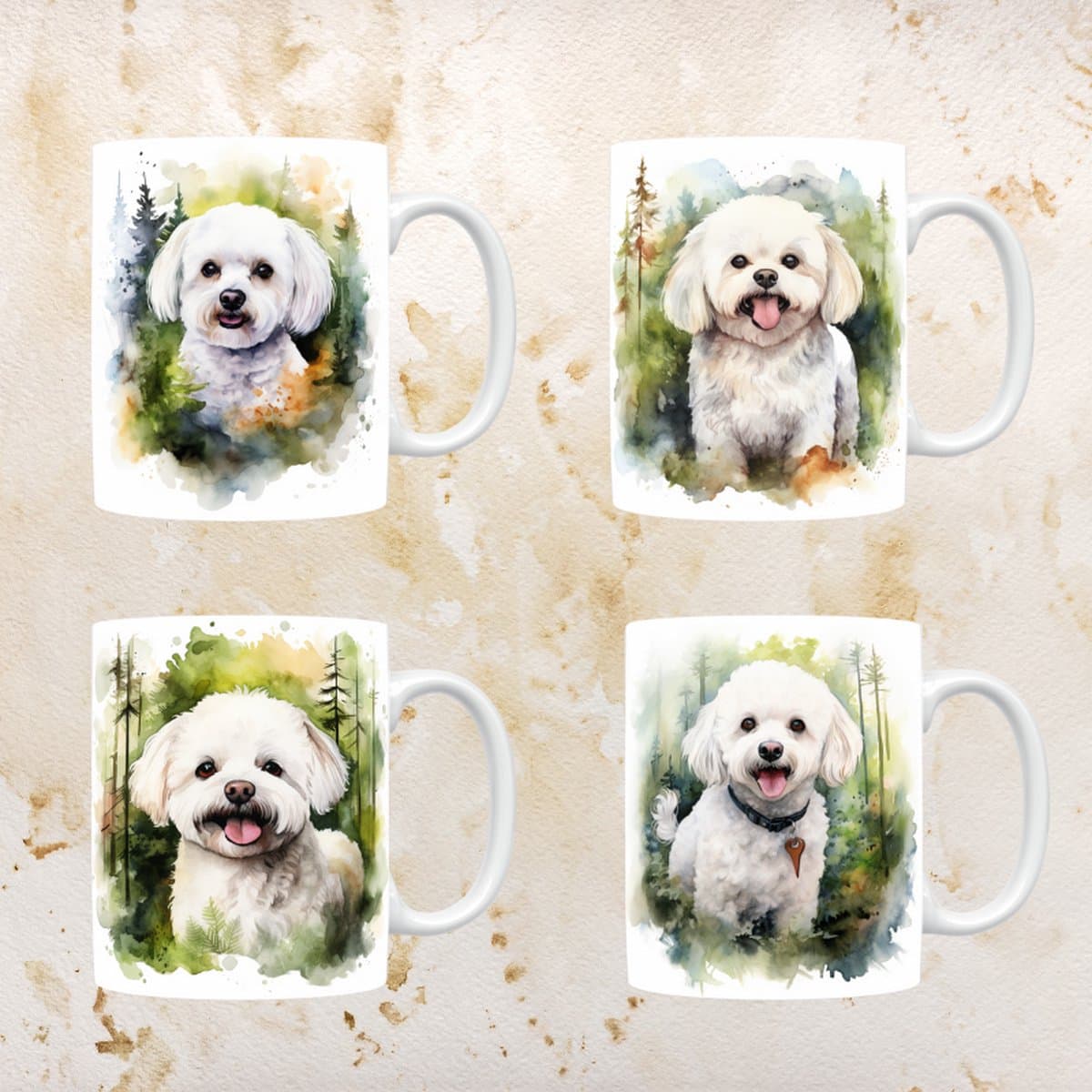 Bichon Frisé mokken set van 4, servies voor hondenliefhebbers, hond, thee mok, beker, koffietas, koffie, cadeau, moeder, oma, pasen decoratie, kerst, verjaardag