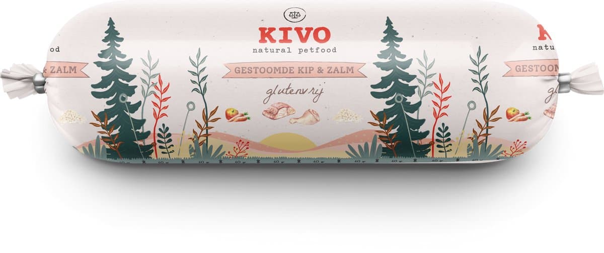 Kivo Petfood Houdbare Worst 12 x 600 gram Kip & Zalm - Zacht gestoomd vlees - Glutenvrij zonder andere fratsen