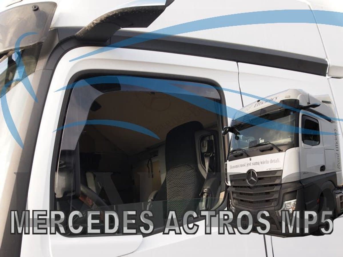 Mercedes Actros MP4 MP5 zijwindschermen set tbv model vol CAMERA system of spiegels met dodehoek camera (dus zonder bollespiegel), raamgeleiders past ook tbv Arocs Antos licht getint a 2 stuks vanaf 2012 raamspoilers fenders visors windschermen