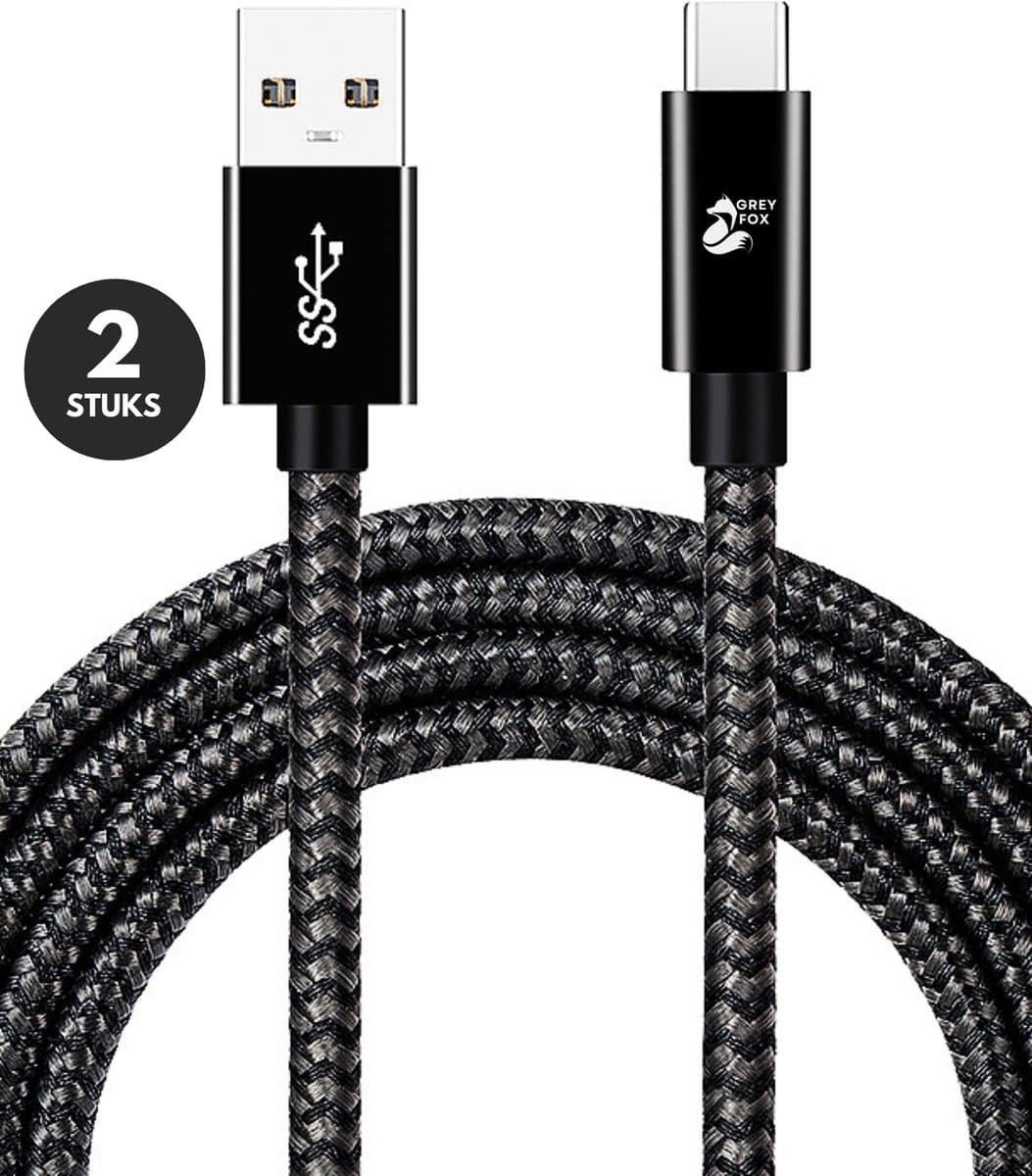 Grey Fox 2 Stuks 10Gbps USB-C Oplaadkabels - Data Transmissie - Snellader - Datakabel - 2 Meter - Zwart