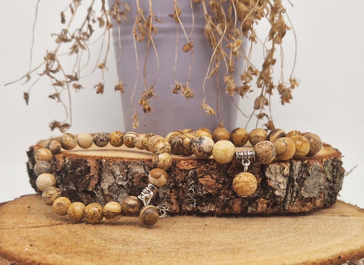 Handgemaakte Fatema natuursteen armband met natuursteen hanger " Picture Jasper " - 8 mm diameter van de korrel- Diameter armband 20 cm - Een mooi cadeau voor familie en vrienden
