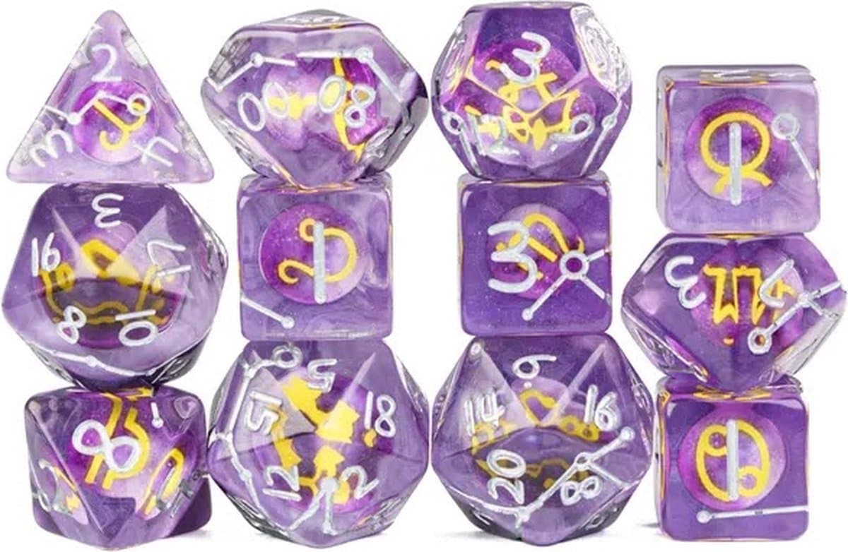Lapi Toys - Dungeons and Dragons dobbelstenen - DnD Dice - Polydice - Dobbelstenen Dungeons Dragons - D&D dobbelstenen - DnD Dice Set - Mega set - 1 set (12 stuks) - Met sterrenbeelden - Resin - Paars