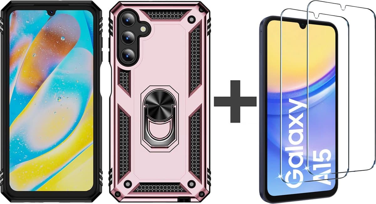BixB hoesje met 2 stuks screenprotectors van gehard glas Geschikt voor Samsung Galaxy A15 hoes met Ringhouder - Armor dubbel laag backcover - Rosegoud