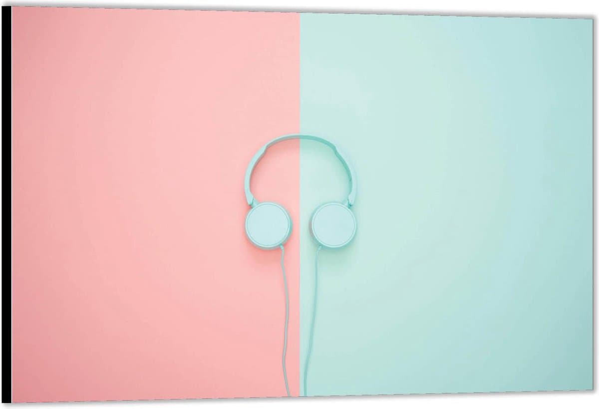 Dibond –Blauwe koptelefoon op Roze / Blauwe muur-150x100 Foto op Aluminium (Met ophangsysteem)
