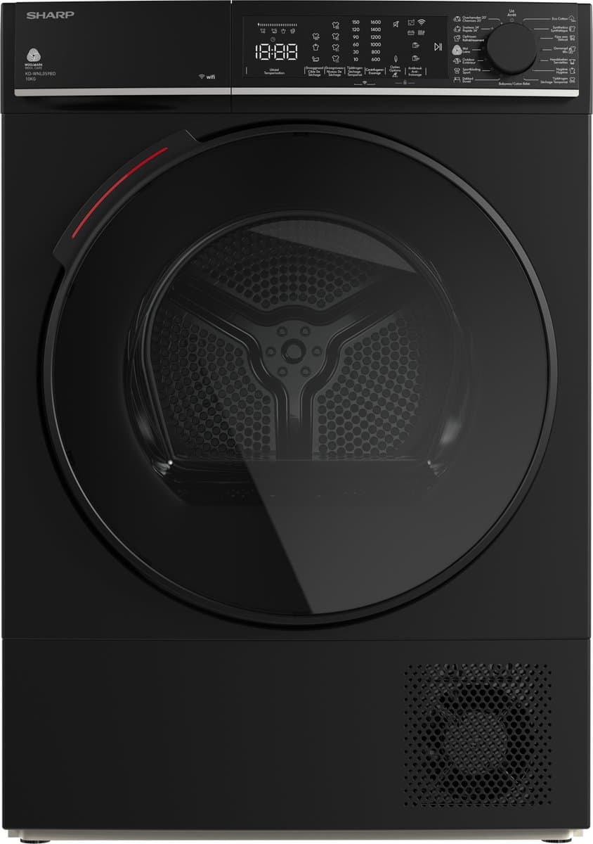 Sharp KDWNHL0S9GBDBX- warmtepomp droger - energie label D - 10KG - WIFI - 15 programma's - LED trommelverlichting - mat zwart