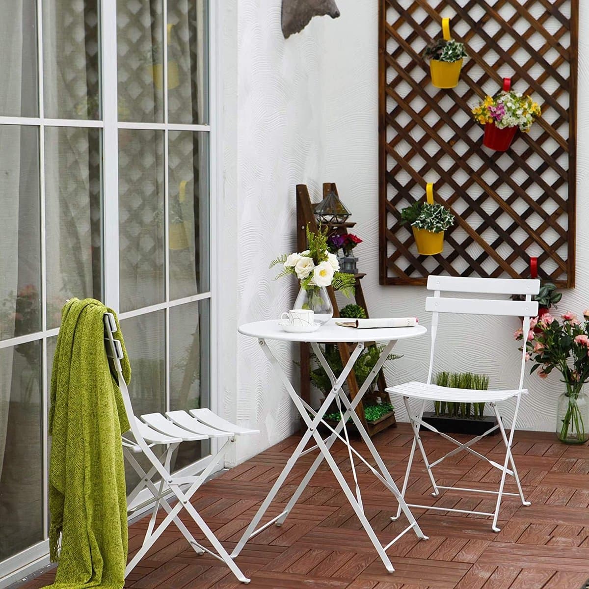 Bistroset 3-delig Opvouwbaar – Balkonset met Tafel en 2 Stoelen Weerbestendig Metaal – Compacte Tuinset voor Balkon & Terrasl wit– Urbanhome