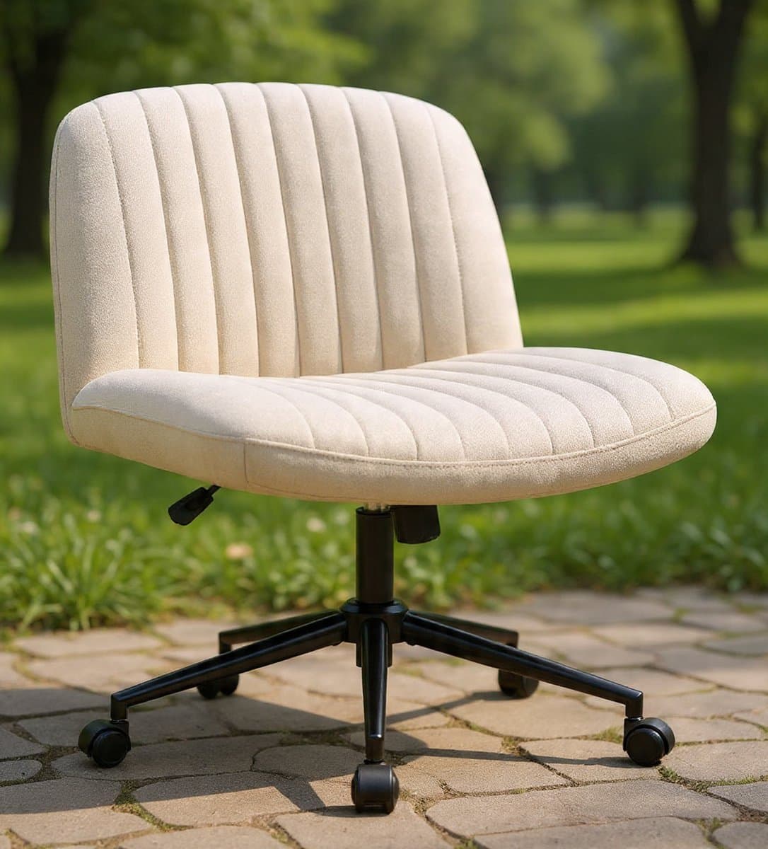 LunaFlex Comfort Armless Bureaustoel met Wielen en Brede Zitting – In Hoogte Verstelbaar, 360° Draaibaar, Ergonomisch Design, Stoffen Bekleding, 49,5 x 64 x 96 cm – Beige