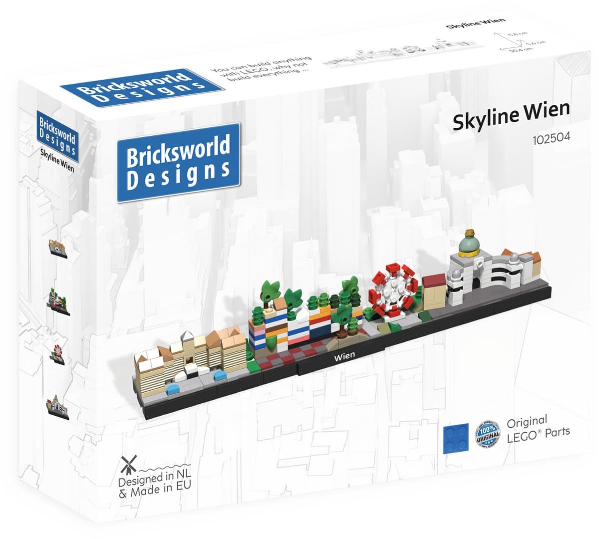 Bricksworld BOC-SKY-WIE Architectuur Skyline Wien (D) modules Schloss Schönbrunn, Museum Hundertwasser, Prater Riesenrad & Hofburg Sisi Museum. Samengesteld uit originele nieuwe LEGO® onderdelen.