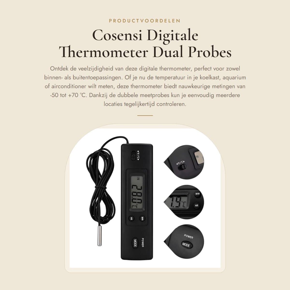 Dailygoods - Digitale Thermometer - Dual Probes - Voor Binnen en Buiten - Zwart - Temperatuurmeting - Geschikt voor Koelkasten, Aquariums, Airco's