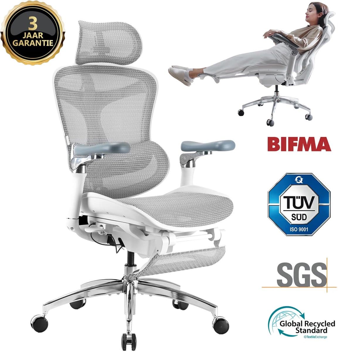 SIHOO Doro C300 Pro JT Ergonomische Bureaustoel - 5D Armleuningen, Zelfaanpassende Lendensteun, Mesh Rugleuning - Tot 150kg - 3 Standen Verstelbaar (92°/100°/112°) - BIFMA/TÜV Gecertificeerd - 77x67x127cm——Wit
