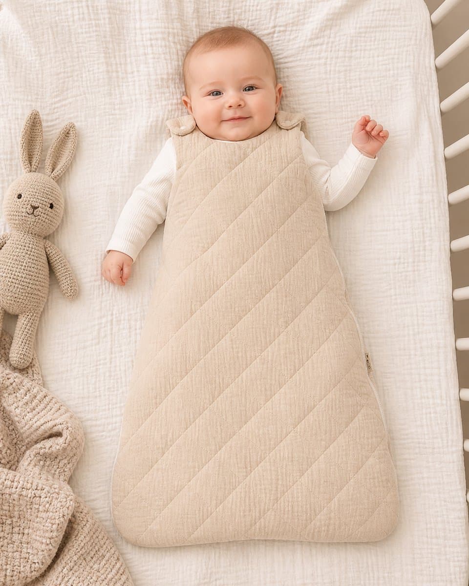 Babyslaapzak 60 cm – 0-6 Maanden – 100% Hydrofiel Katoen – Beige – Mouwloos – Ademend & Zacht – Met Rits en Verstelbare Drukknopen – Geschikt voor Zomer, Lente en Herfst