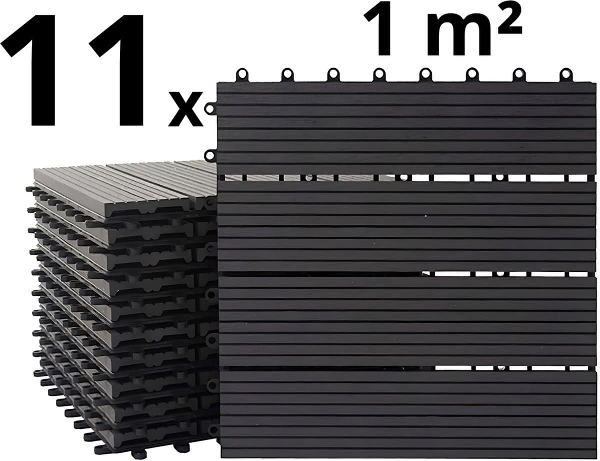Terrastegels - WPC Composiet Kunststof - 11 Stuks - 1 m² - Zwart - 4 Latjes - Vlondertegels - Balkontegels - Onderhoudsvrij - Makkelijke en Snelle Montage