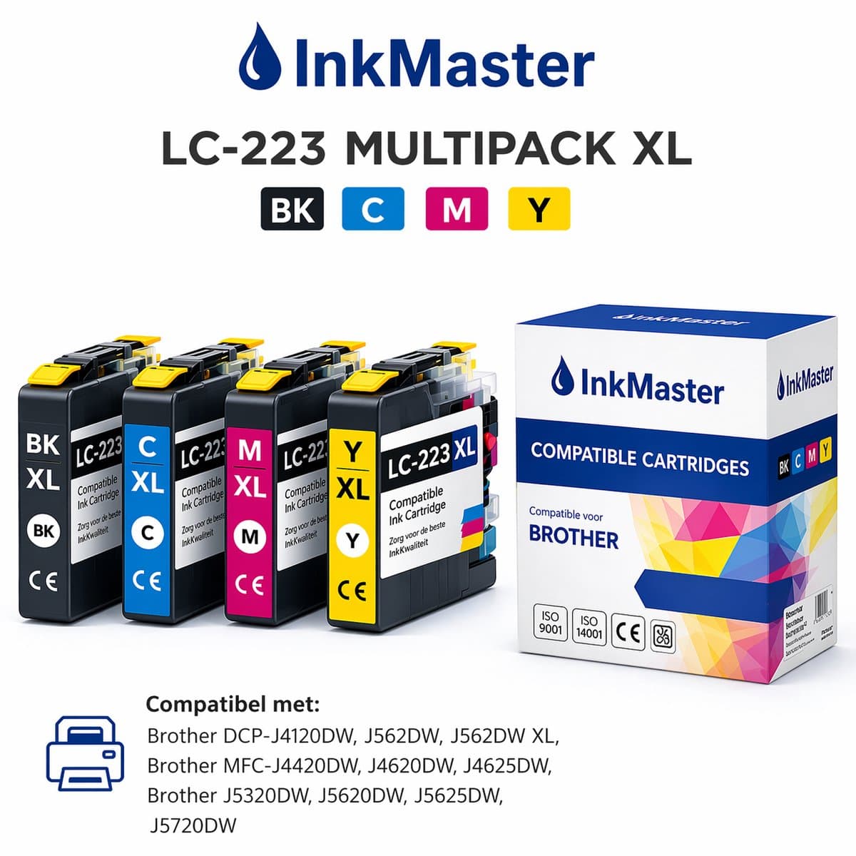 Inktcartridge compatibel voor Brother LC223 XL Multipack 4 kleurenui (bk 20 ml ) kleur (12ml) DCP-J4120DW MFC-J4420DW MFC-J4425DW MFC-J4620DW MFC-J4625DW MFC-J5320DW MFC-J5620DW MFC-J5625DW MFC-J5720DW LC-223 Multipack BK, M, C ,Y