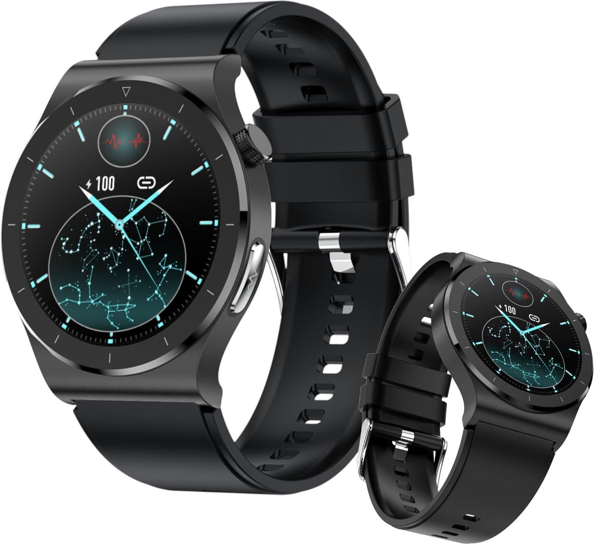 mymonX Smartwatch Heren & Dames - Geschikt voor alle Smartphones - Stappenteller - Maandelijks gezondheidsrapport - ECG - Bloeddrukmeter - Hartslagmeter - Slaap - Temperatuur - Zwart - 43mm