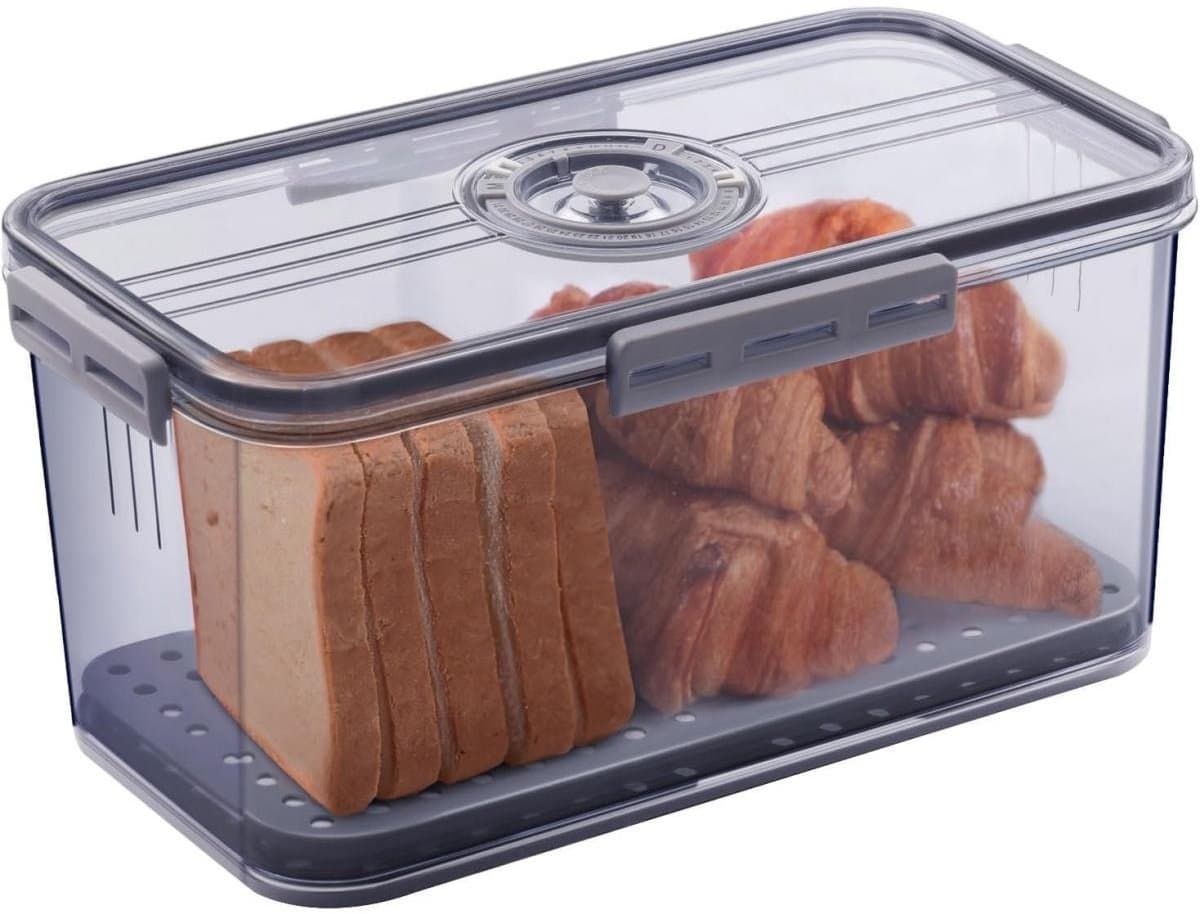 YOZHIQU Broodtrommel - Broodbewaarbox - Met Datum Timer En Ventiel - Groot PET BPA-vrij Ontwerp - Inclusief Afdruipmat - Geschikt voor Keuken En Koelkast - Grijs