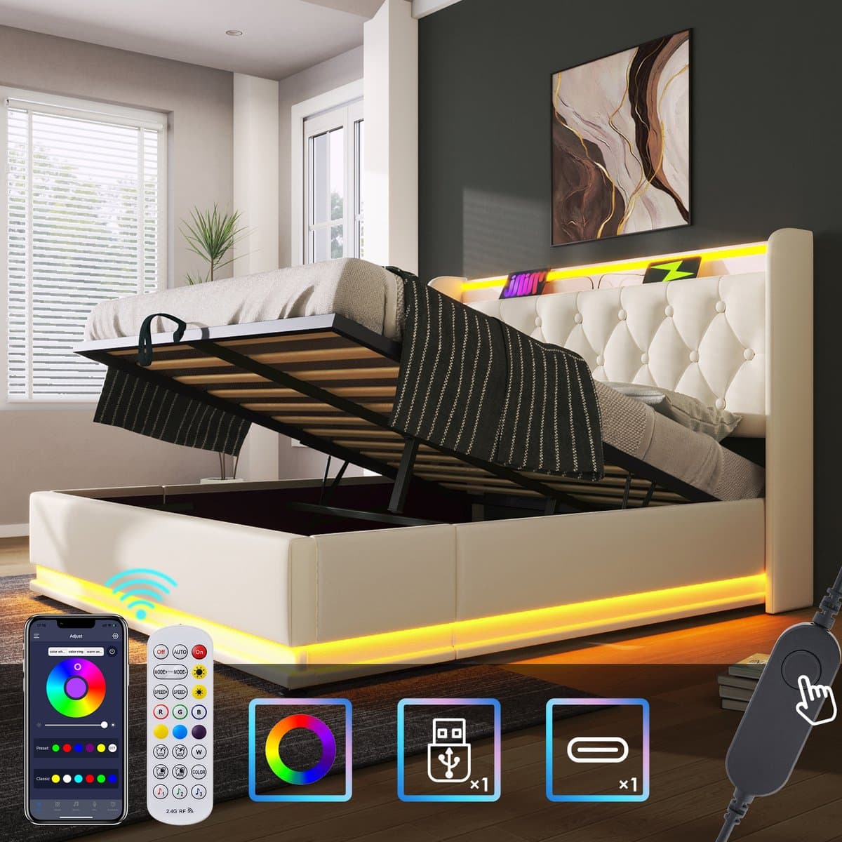 Wishdor – Gestoffeerd Bed 140x190 cm – LED 360° & USB‑C – Hydraulische Opbergruimte – Klassiek PU Wit – 181 kg