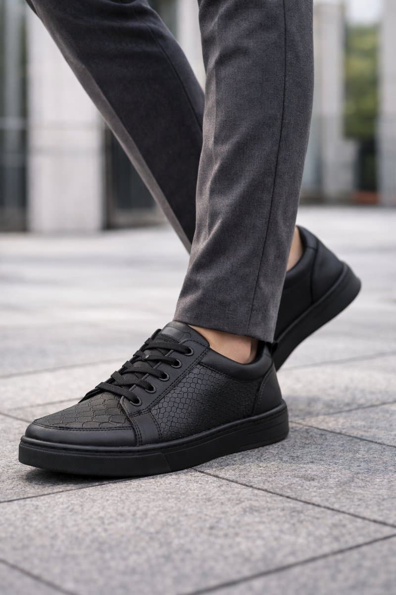 Veterschoenen- Heren Schoenen- Heren Sneakers- Stijlvolle Leren Casual Schoenen met Slangenprint – Comfortabele Lage Veterschoenen 109- Zwart- Maat 40