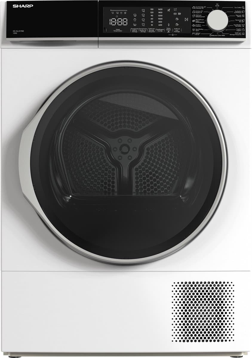 Sharp KDNL2S7WEBE – warmtepomp droger – energie label E – 12 kg – 15 programma’s – trommelverlichting – links en rechts draaiend – 8 sensor technologie – wit