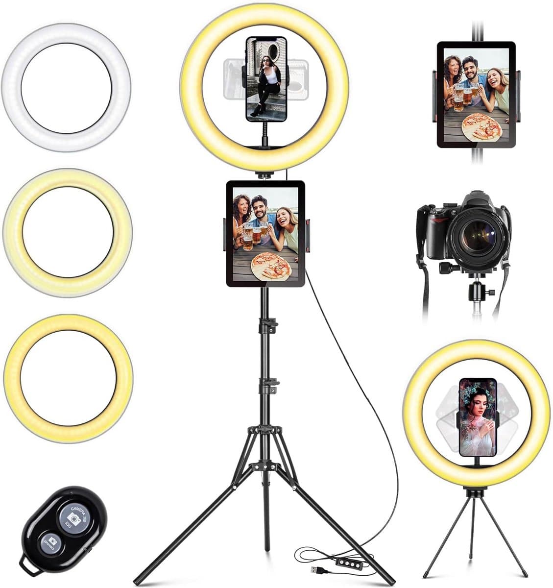 Ringlamp met Statief - Selfie Lamp - Content Creëren - Dubbele Telefoonhouder - 25 cm - Zwart