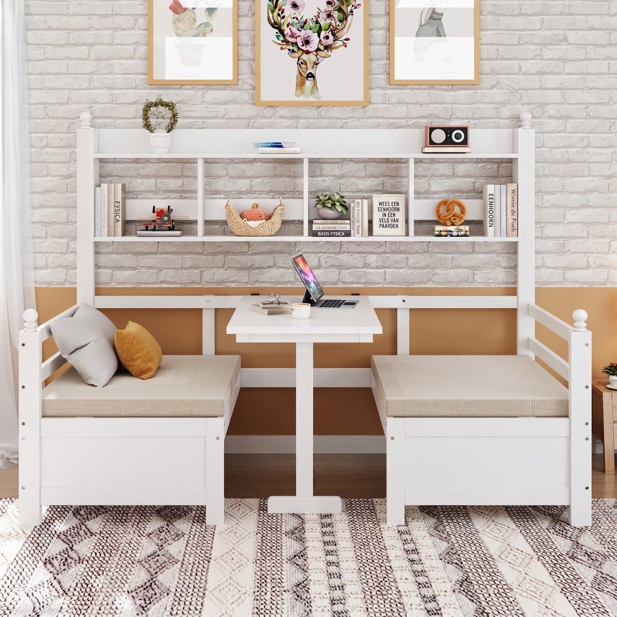 VVBV Slaapbank 200x90 cm met Bureau, Planken - Voor Slaapkamer/Gastenkamer, Opbergruimte - Massief Hout Wit