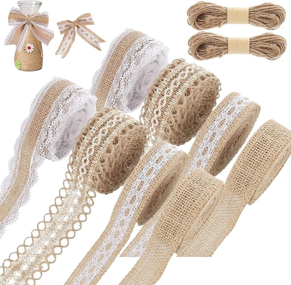 Natuurlijke Jute Lint met Kant - 8 Rollen Jute Tape voor Vintage Decoratie, Bruiloft en Verjaardagspartij, Inclusief 2 Jute Touwen en Lijm Kant Tape