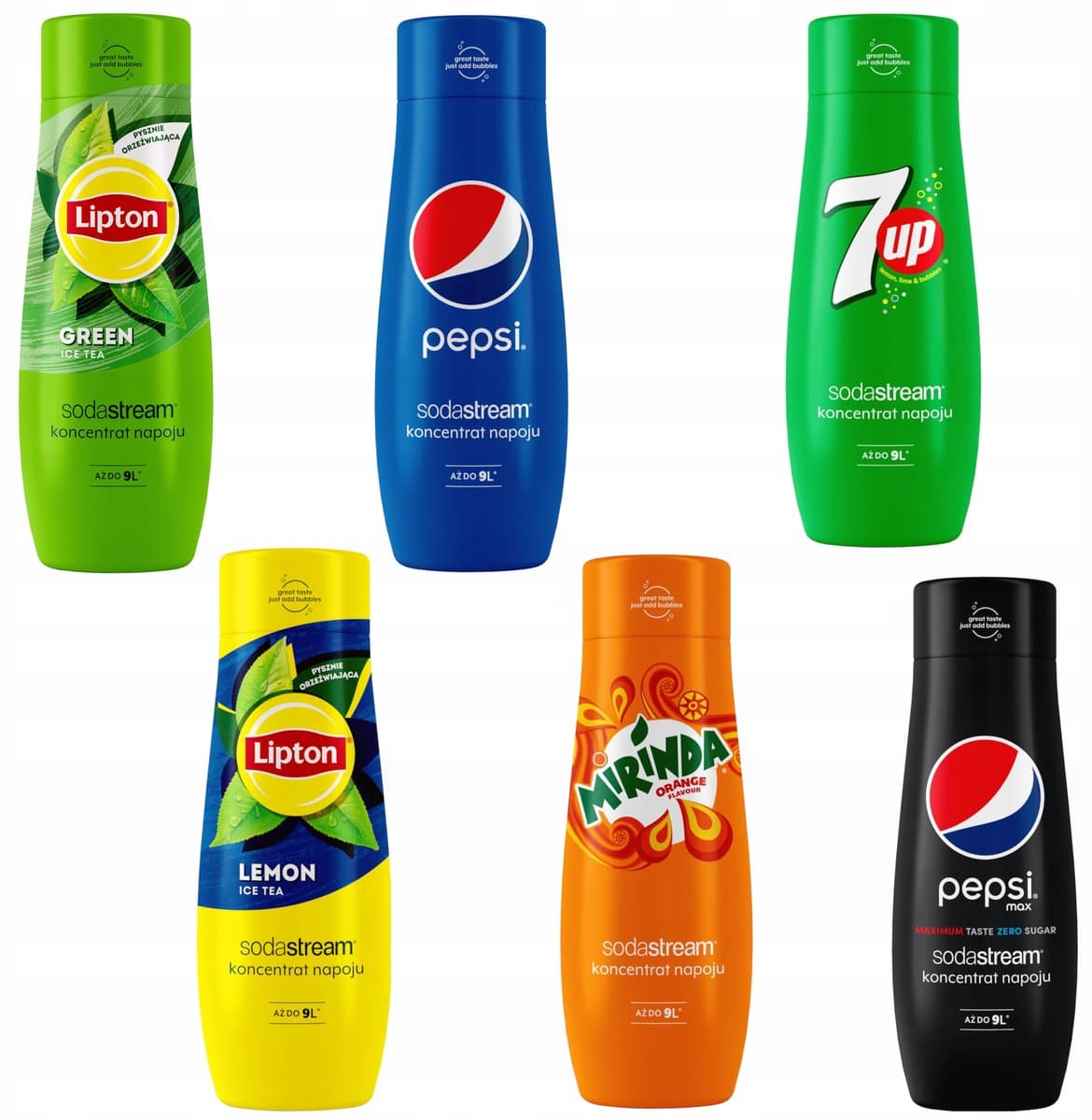 Set van 6 SodaStream Lipton Citroen+Groen+Pepsi+Mirinda+7UP+PepsiMAX concentraten